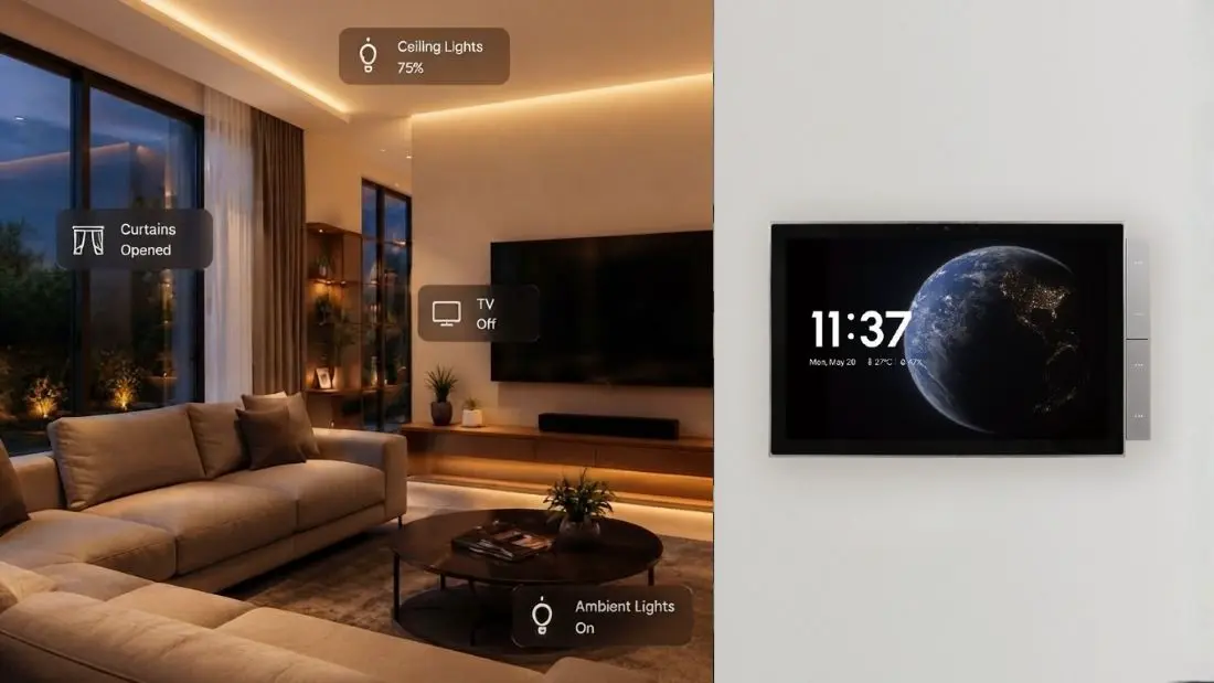 Ruang keluarga dengan sistem smart home dan panel kontrol